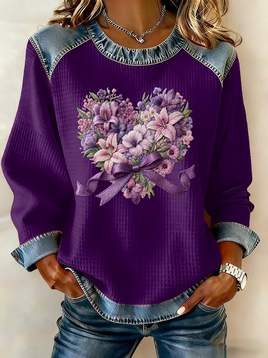 Women's Casual Retro Purple Floral Waffle Top gracestitchs