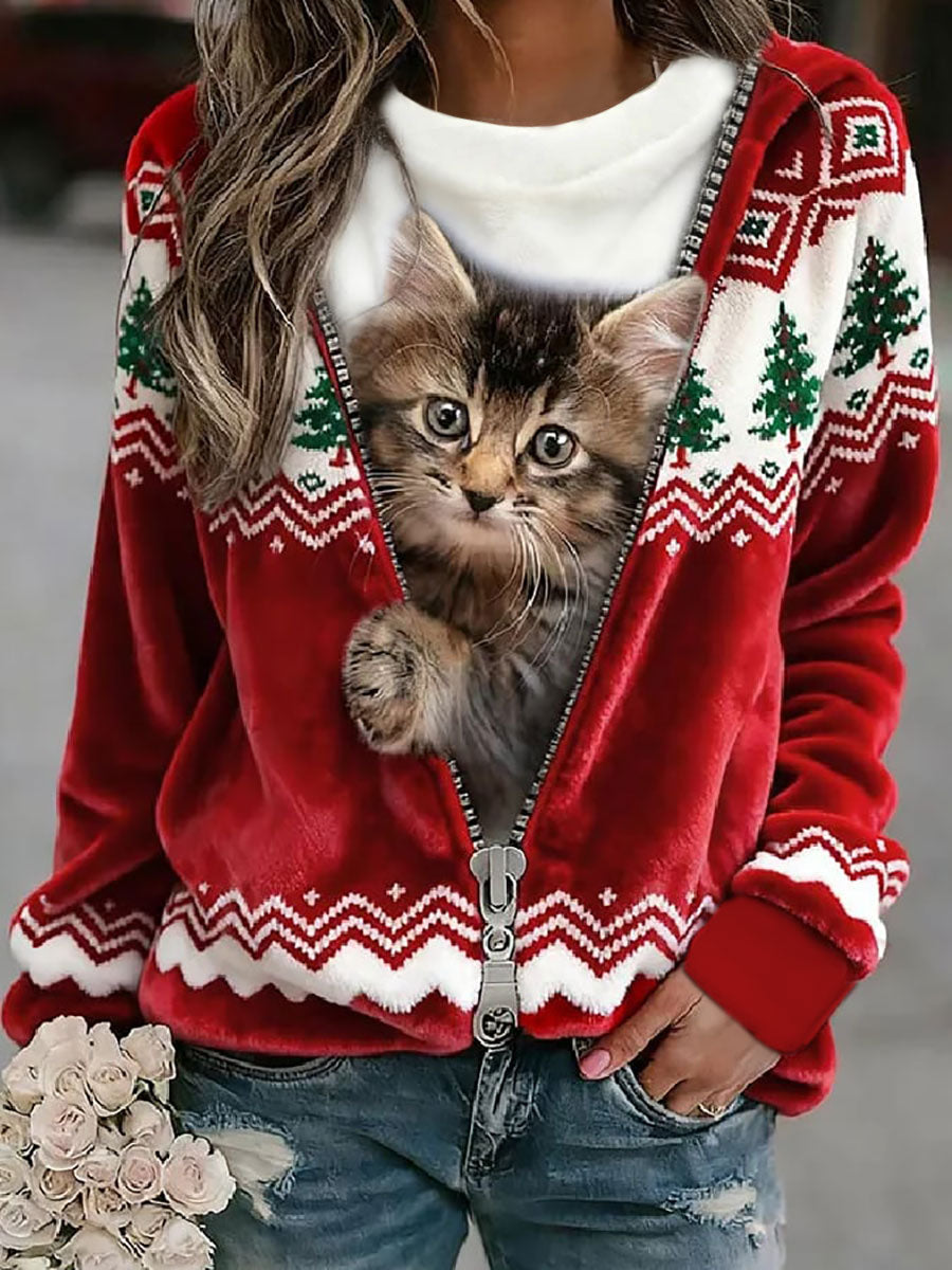 Women's Christmas Cat Flannel Hoodie gracestitchs