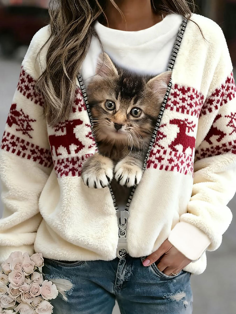 Women's Christmas Cat Flannel Hoodie gracestitchs