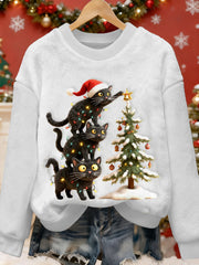 Women's Cute Christmas Cat Art Print Casual Flannel Sweater gracestitchs