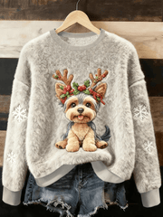 Women's Cute Christmas Dog Art Print Casual Flannel Sweater gracestitchs