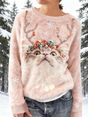 Women's Cute Christmas Cat Art Print Casual Flannel Sweater gracestitchs