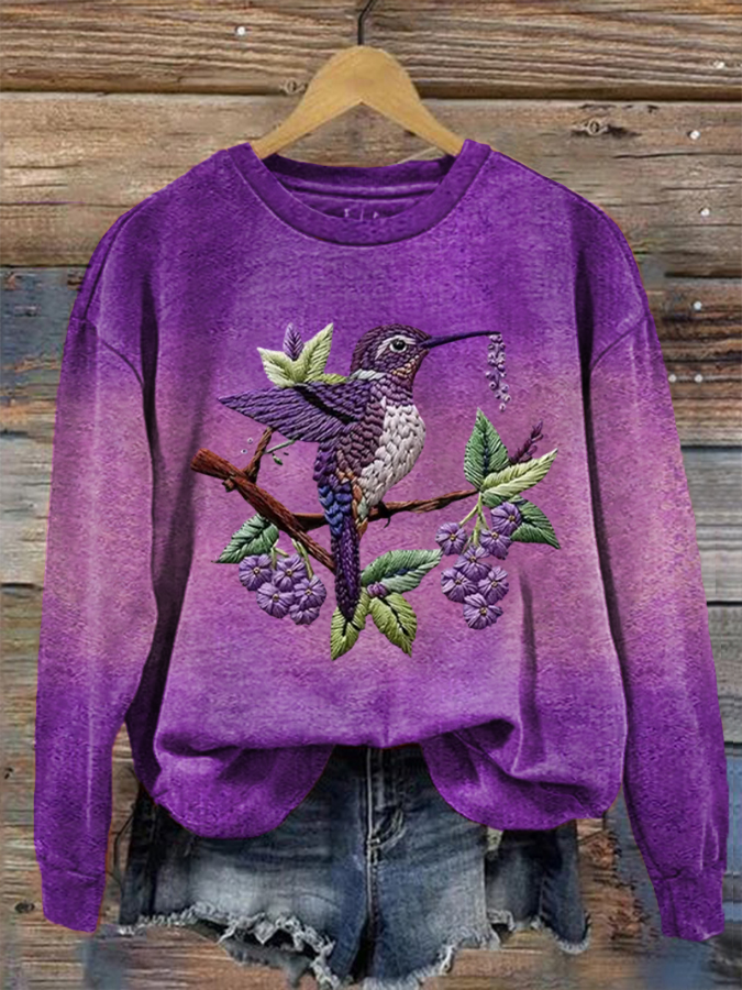 Women's Purple Gradient Hummingbird Floral Print Regular Sweatshirt gracestitchs