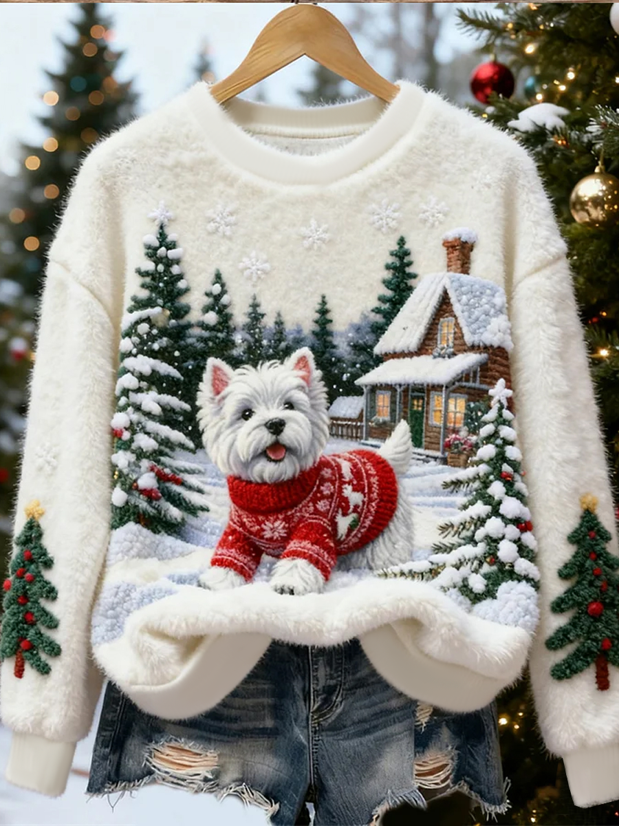 Women's Cute Christmas Dog Art Print Casual Flannel Sweater gracestitchs