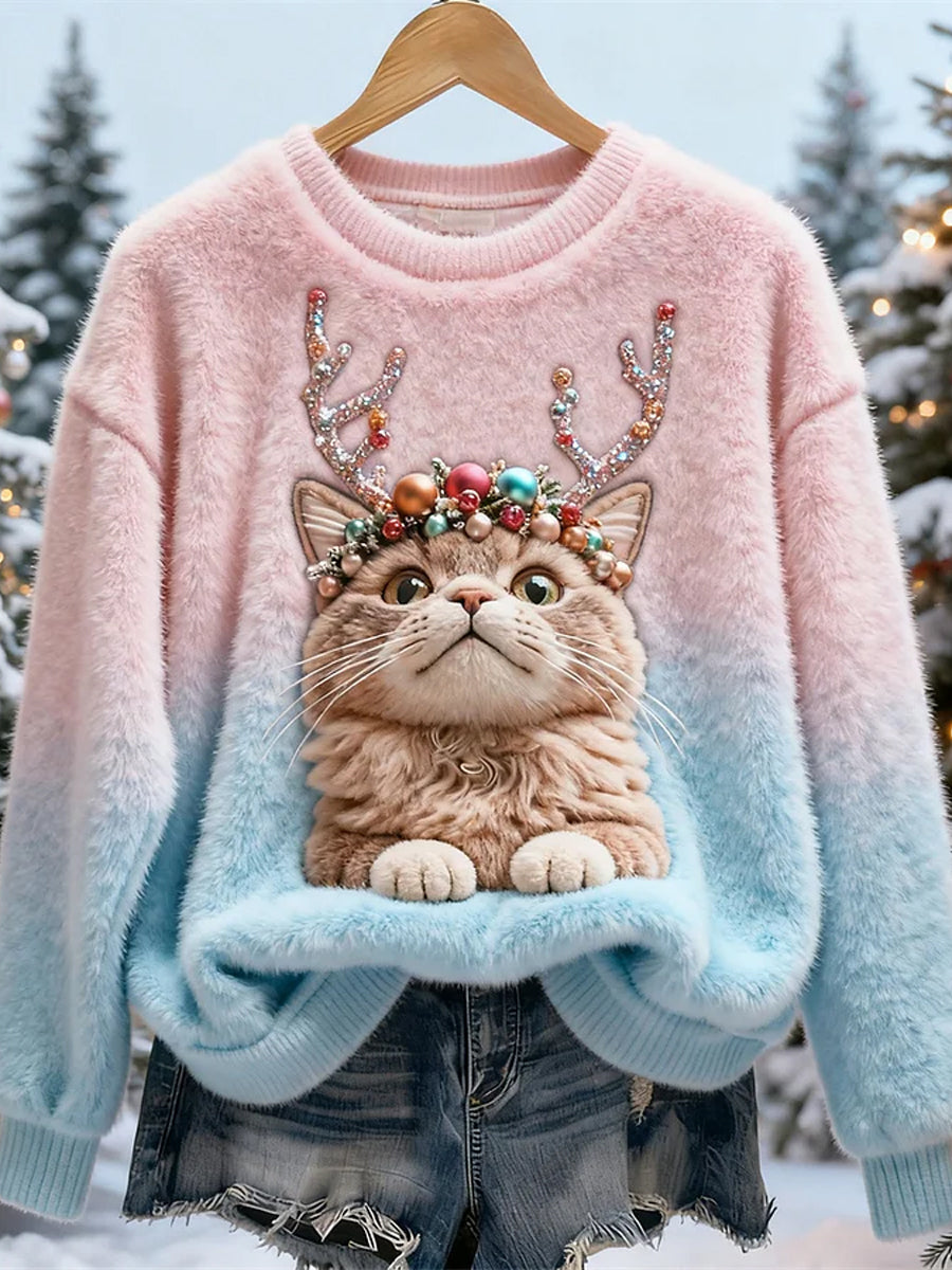 Women's Cute Christmas Cat Art Print Casual Flannel Hoodie gracestitchs