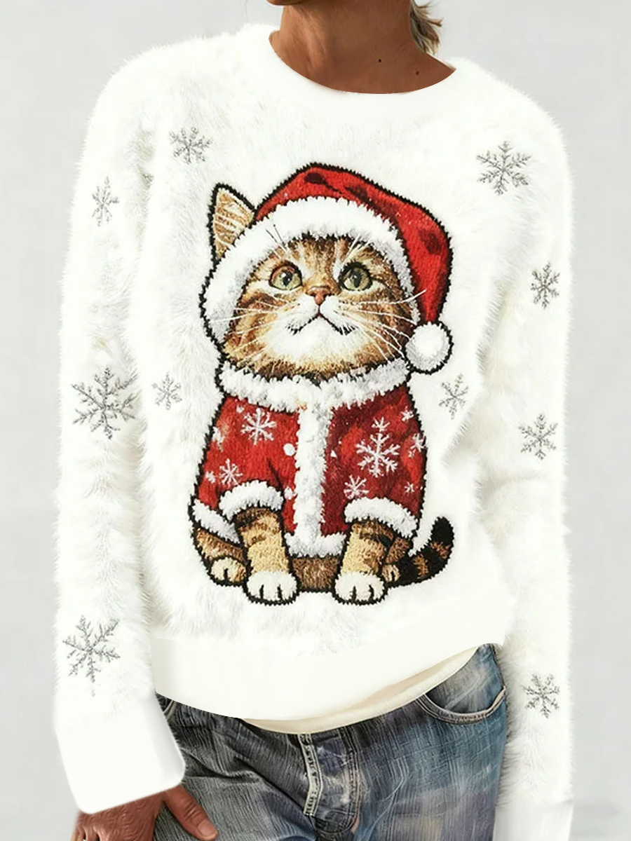 Women's Cute Christmas Cat Art Print Casual Flannel Sweater gracestitchs