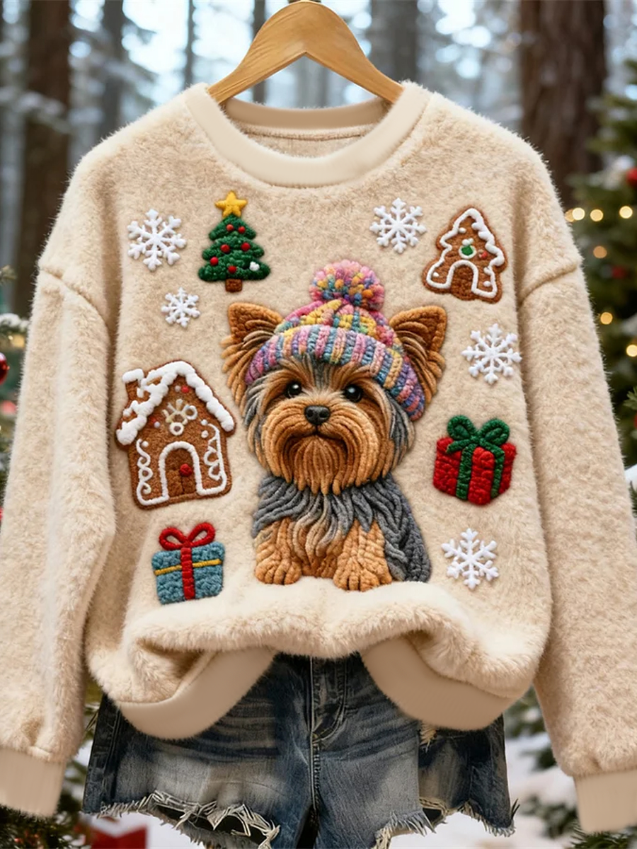 Women's Cute Christmas Dog Art Print Casual Flannel Sweater gracestitchs