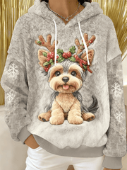 Women's Cute Christmas Dog Art Print Casual Flannel Hoodie gracestitchs