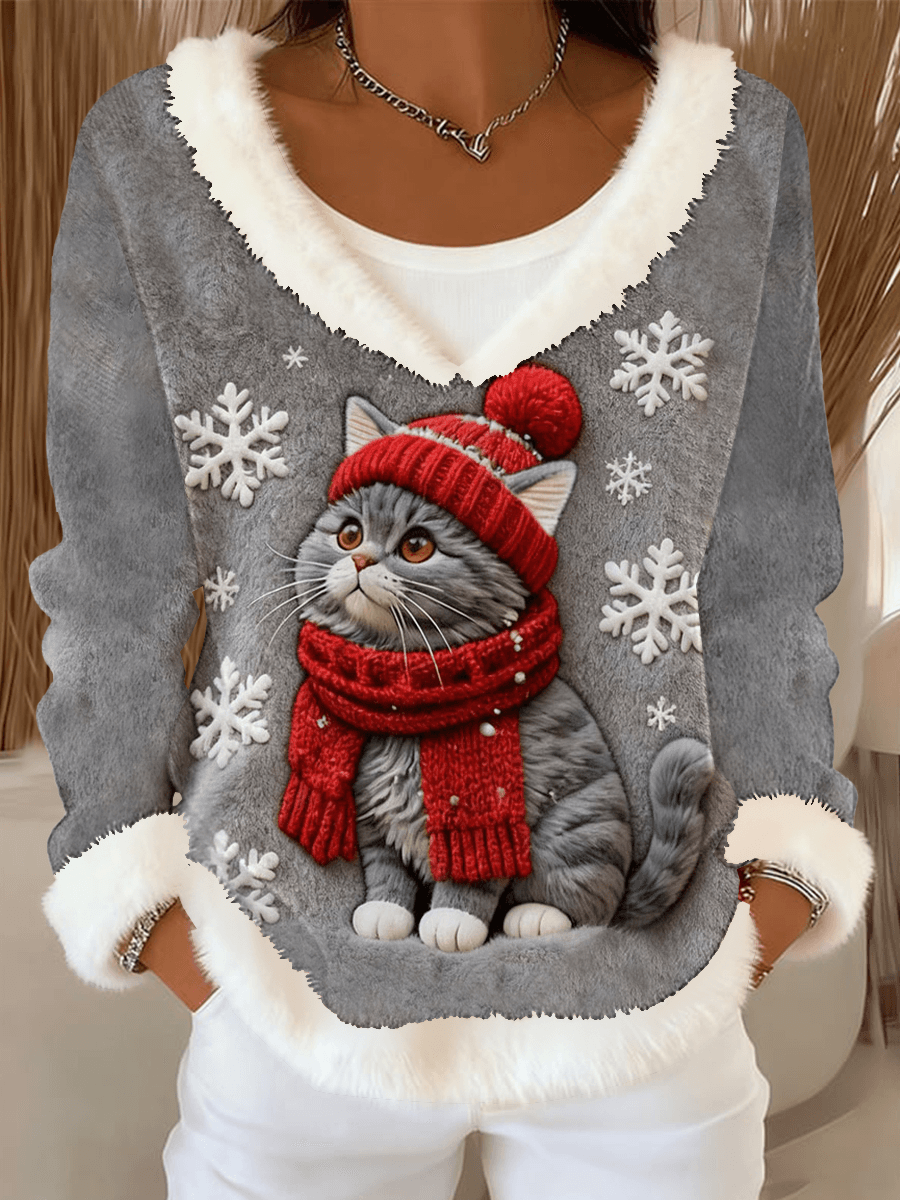 Women's Cute Christmas Cat Art Print Casual Top gracestitchs