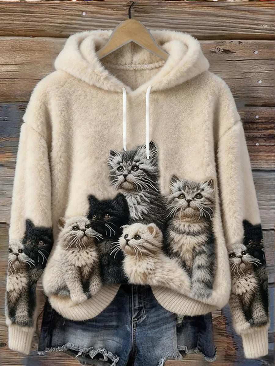 Women's Cute Cat Art Print Casual Flannel Sweatshirt gracestitchs