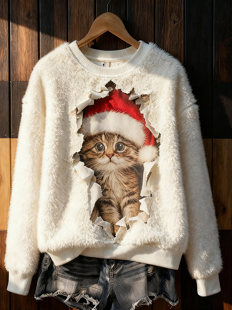 Women's Cute Christmas Cat Art Print Casual Flannel Sweatshirt gracestitchs