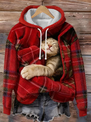 Women's Cute Cat Art Print Casual Flannel Sweatshirt gracestitchs