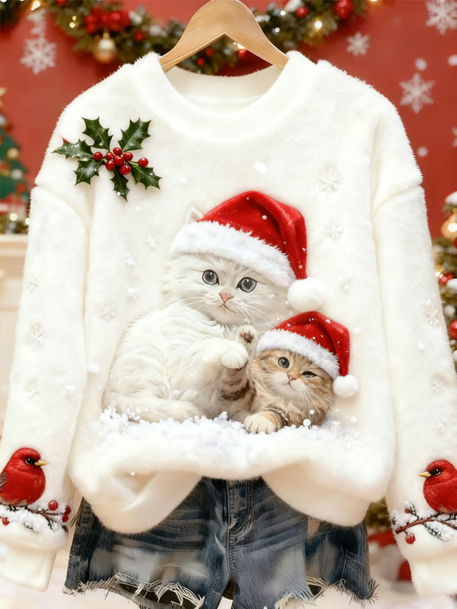 Women's Cute Christmas Cat Art Print Casual Flannel Sweatshirt gracestitchs