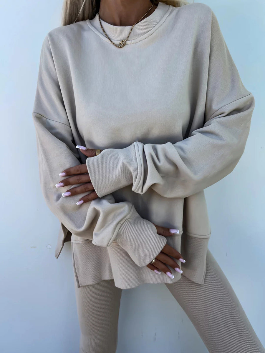 Women's Comfy Loose Slit Sweatshirt and Elastic Waist Tight Pants Set gracestitchs