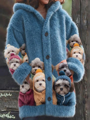 Women's Cute Dog Print Casual Mid-Length Plush Hooded Coat