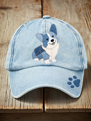 Unisex Denim Patchwork Art Corgi Dog Pattern Washed Hat gracestitchs