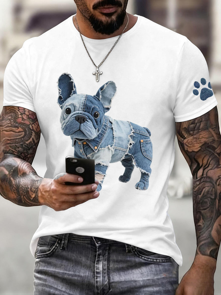 Men's Denim Patchwork Art French Bulldog Pattern T-Shirt gracestitchs