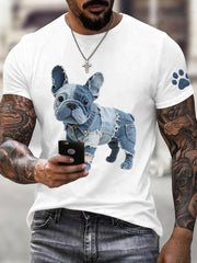 Men's Denim Patchwork Art French Bulldog Pattern T-Shirt gracestitchs
