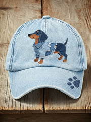 Unisex Denim Patchwork Art Dachshund Dog Pattern Washed Hat