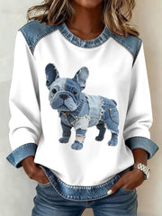Women's Denim Patchwork Art French Bulldog Pattern Sweatshirt gracestitchs
