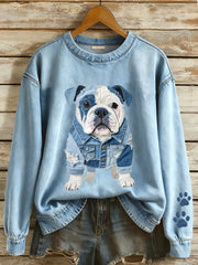 Women's Denim Patchwork Art English Bulldog Pattern Sweatshirt gracestitchs