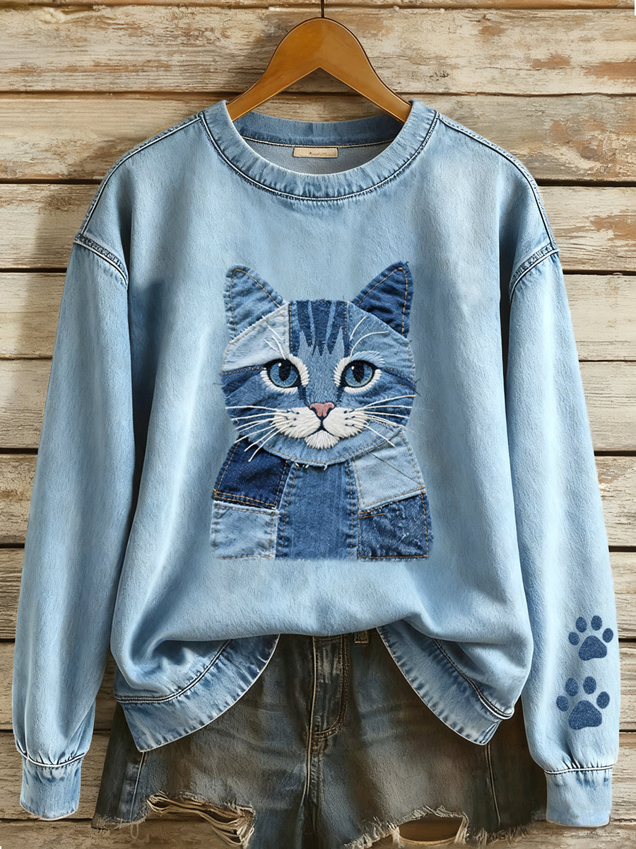 Women's Denim Patchwork Art Cat Pattern Sweatshirt gracestitchs