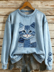 Women's Denim Patchwork Art Cat Pattern Sweatshirt gracestitchs
