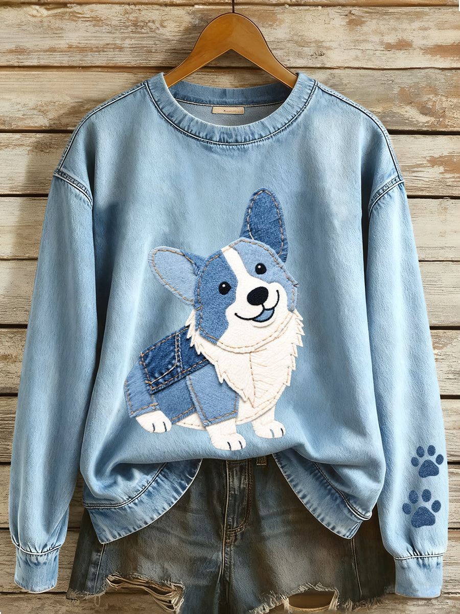 Women's Denim Patchwork Art Corgi Pattern Sweatshirt gracestitchs