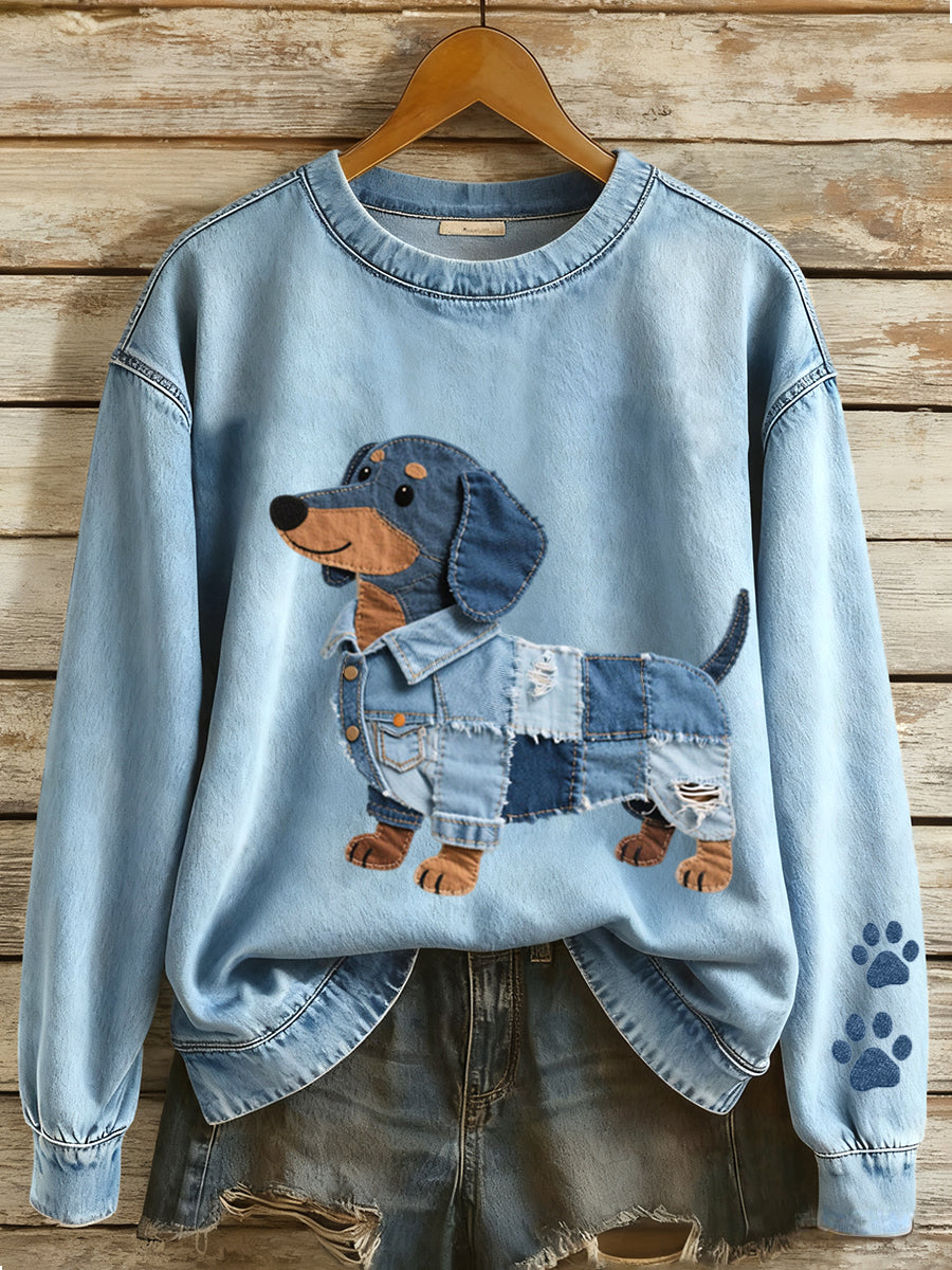 Women's Denim Patchwork Art Dachshund Dog Pattern Sweatshirt gracestitchs