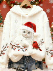 Women's Cute Christmas Cat Art Print Casual Flannel Hoodie gracestitchs