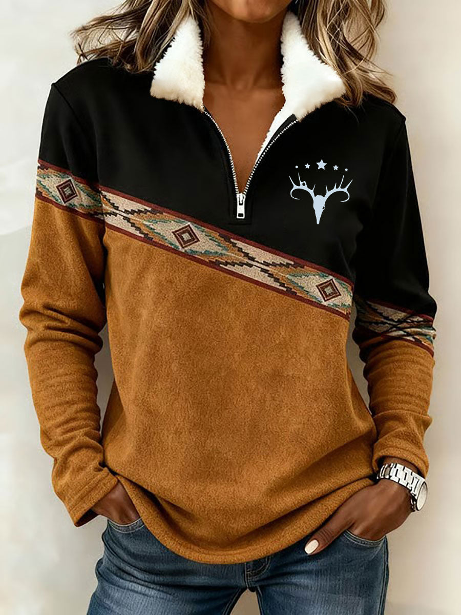 Women's Vintage Western Printed Casual Composite Fleece Hoodie gracestitchs