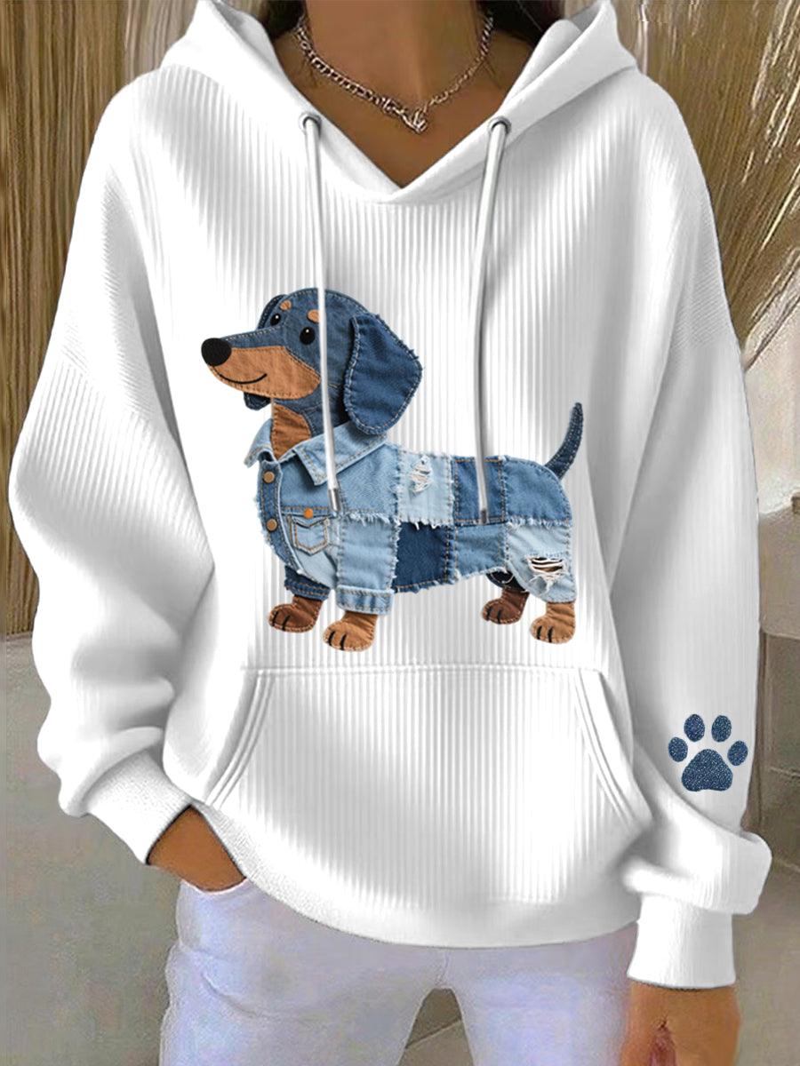Women's Denim Patchwork Art Dachshund Pattern Hoodie gracestitchs