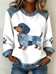 Women's Dachshund Pattern Denim Patchwork Art Sweatshirt