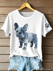 Women's Denim Patchwork Art French Bulldog Pattern T-Shirt gracestitchs