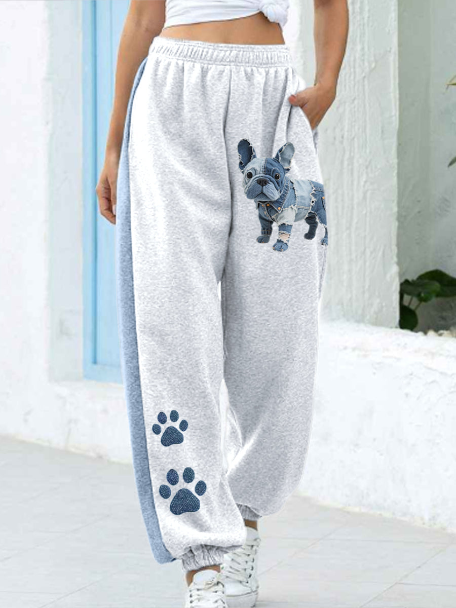 Women's Denim Patchwork Art French Bulldog Pattern Pants gracestitchs