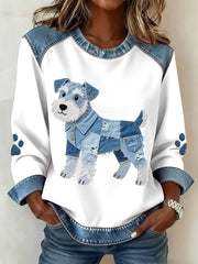 Women's Schnauzer Dog Pattern Denim Patchwork Art Sweatshirt gracestitchs