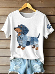 Women's Denim Patchwork Art Dachshund Pattern T-Shirt gracestitchs