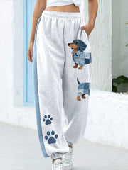 Women's Denim Patchwork Art Dachshund Pattern Pants gracestitchs
