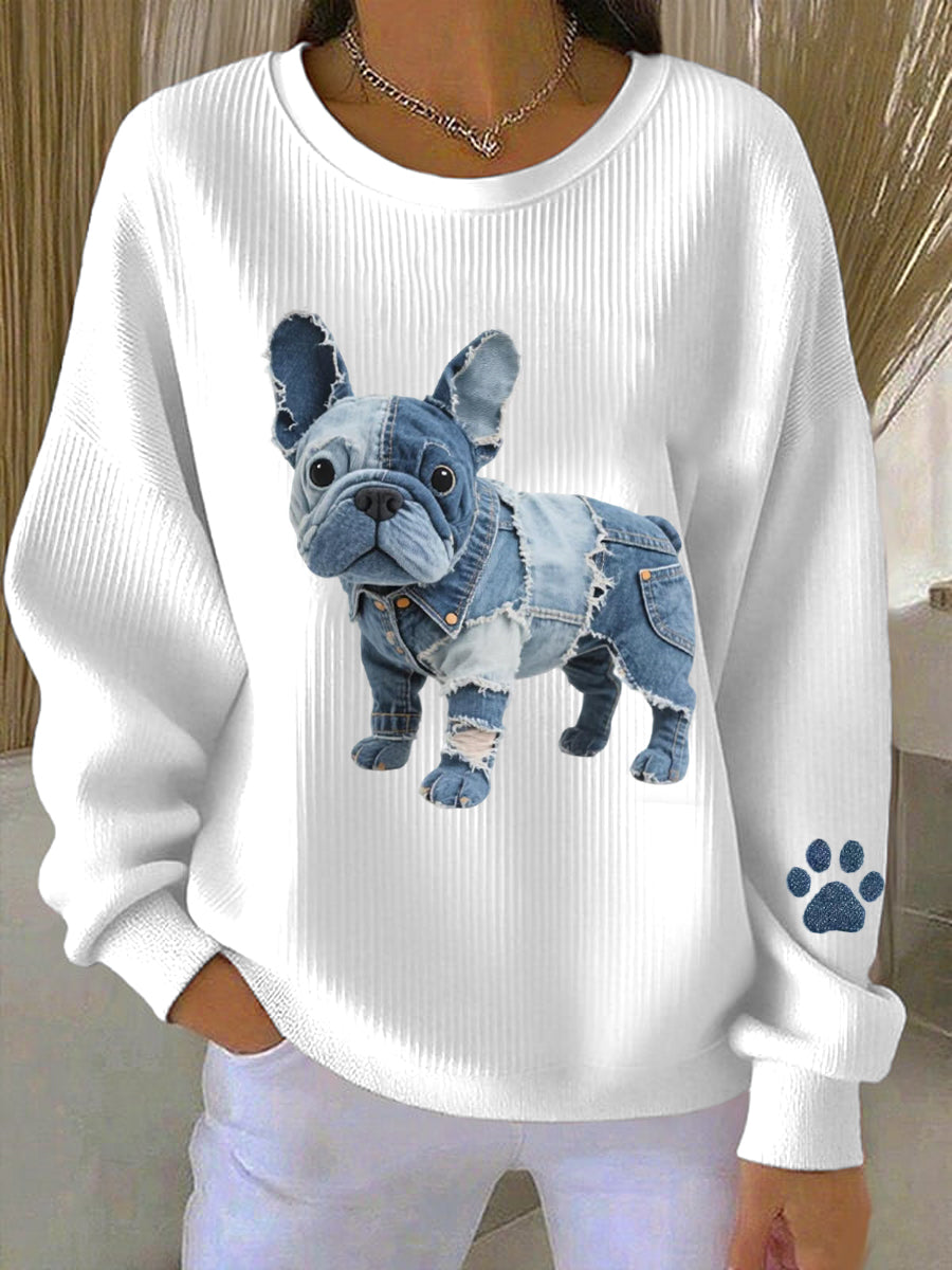 Women's Denim Patchwork Art French Bulldog Pattern Sweatshirt gracestitchs