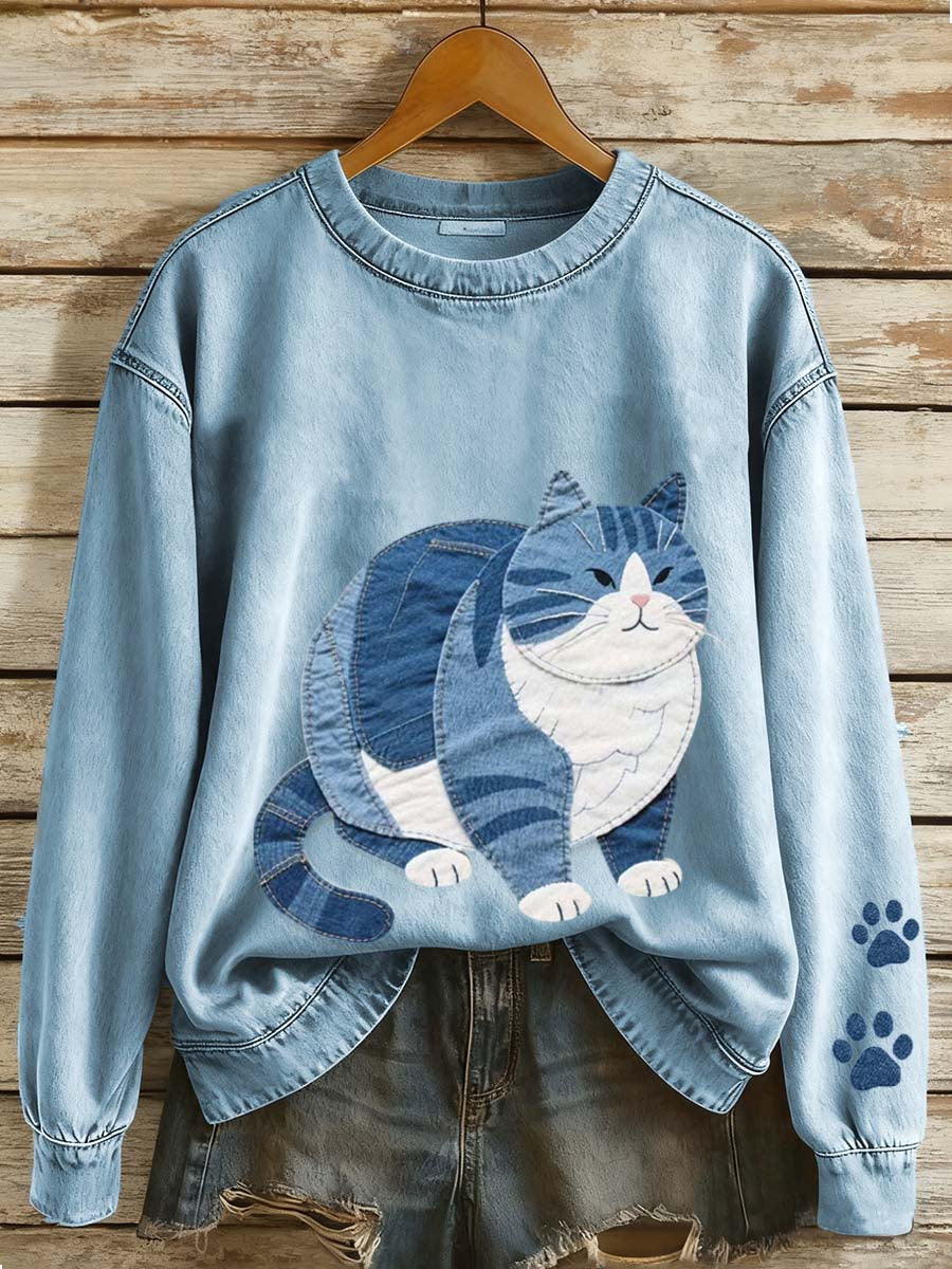 Women's Cute Fat Cat Patchwork Art Sweatshirt gracestitchs