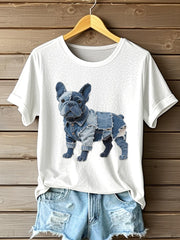 Women's Bulldog Patchwork Art Short Sleeve T-Shirt