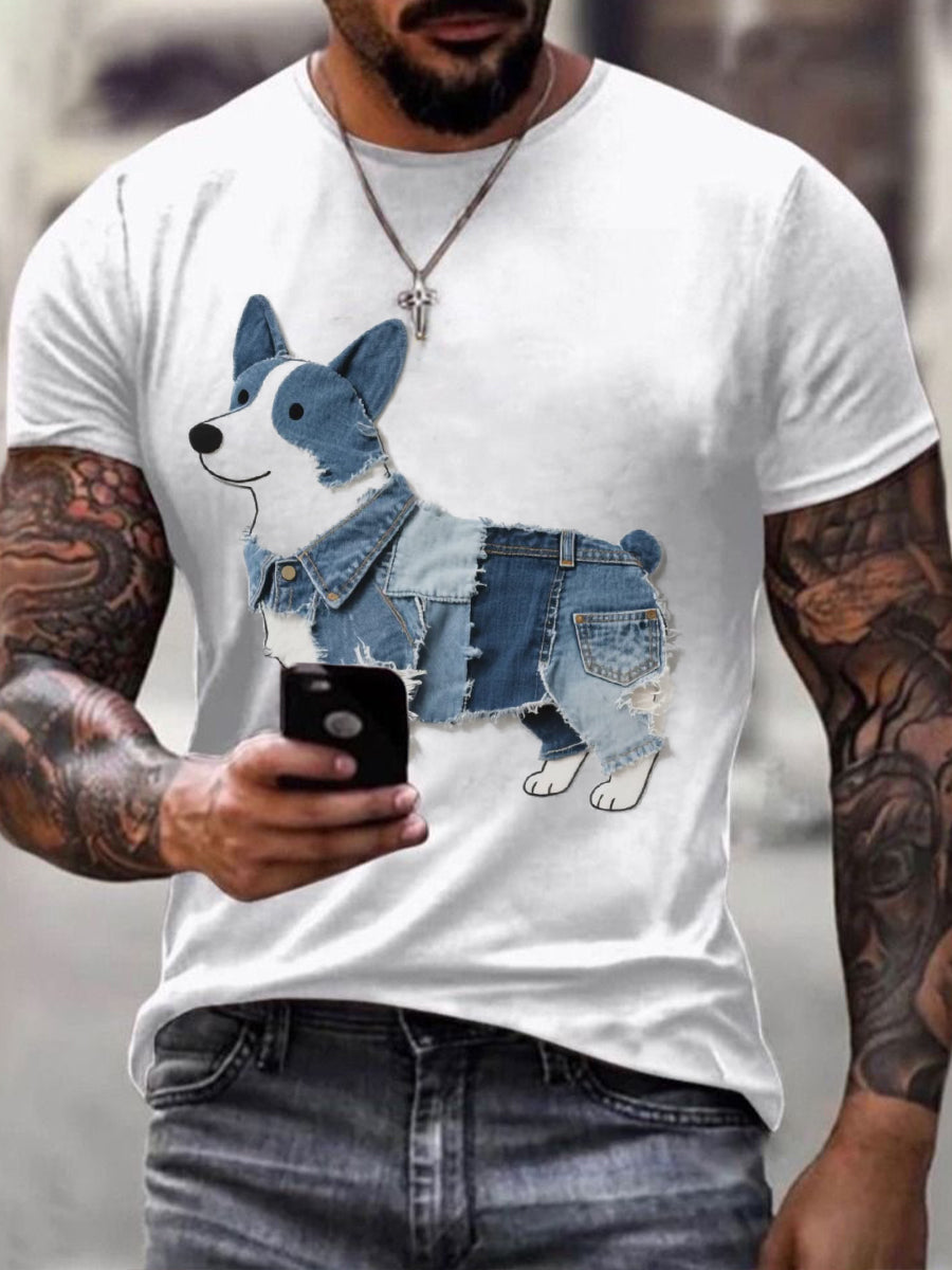 Men's Lovely Corgi Pattern Patchwork Art T-Shirt gracestitchs
