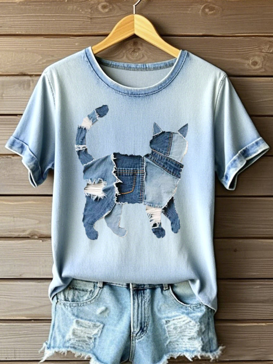 Women's Cute Cat Pattern Patchwork Art T-Shirt gracestitchs