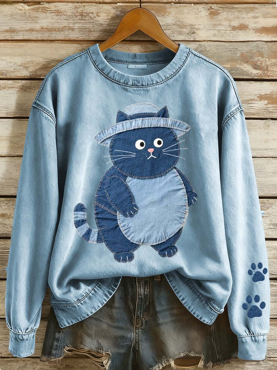 Women's Denim Patchwork Art Fat Cat Pattern Sweatshirt gracestitchs
