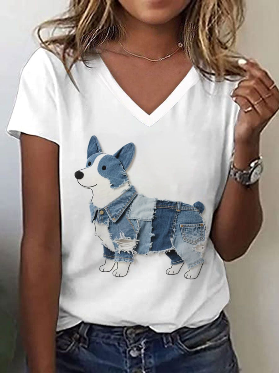 Women's Lovely Corgi Pattern Patchwork Art T-Shirt gracestitchs