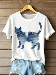 Women's Funny Cat Patchwork Art Short Sleeve T-Shirt