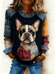 Women's Art Dog Denim Patchwork Sweatshirt