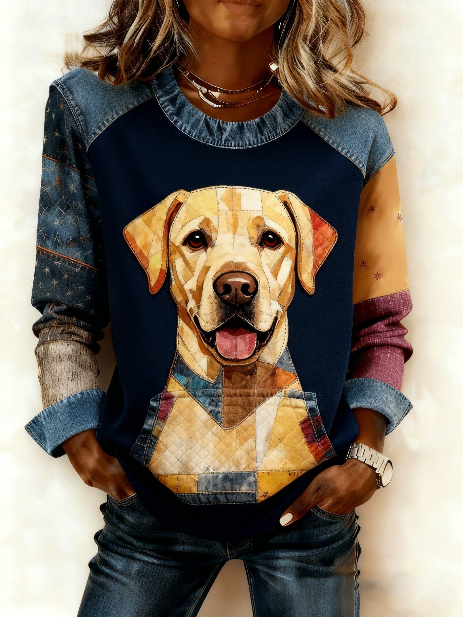 Women's Art Dog Denim Patchwork Sweatshirt gracestitchs
