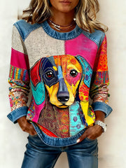 Women's Art Dog Denim Patchwork Sweatshirt gracestitchs