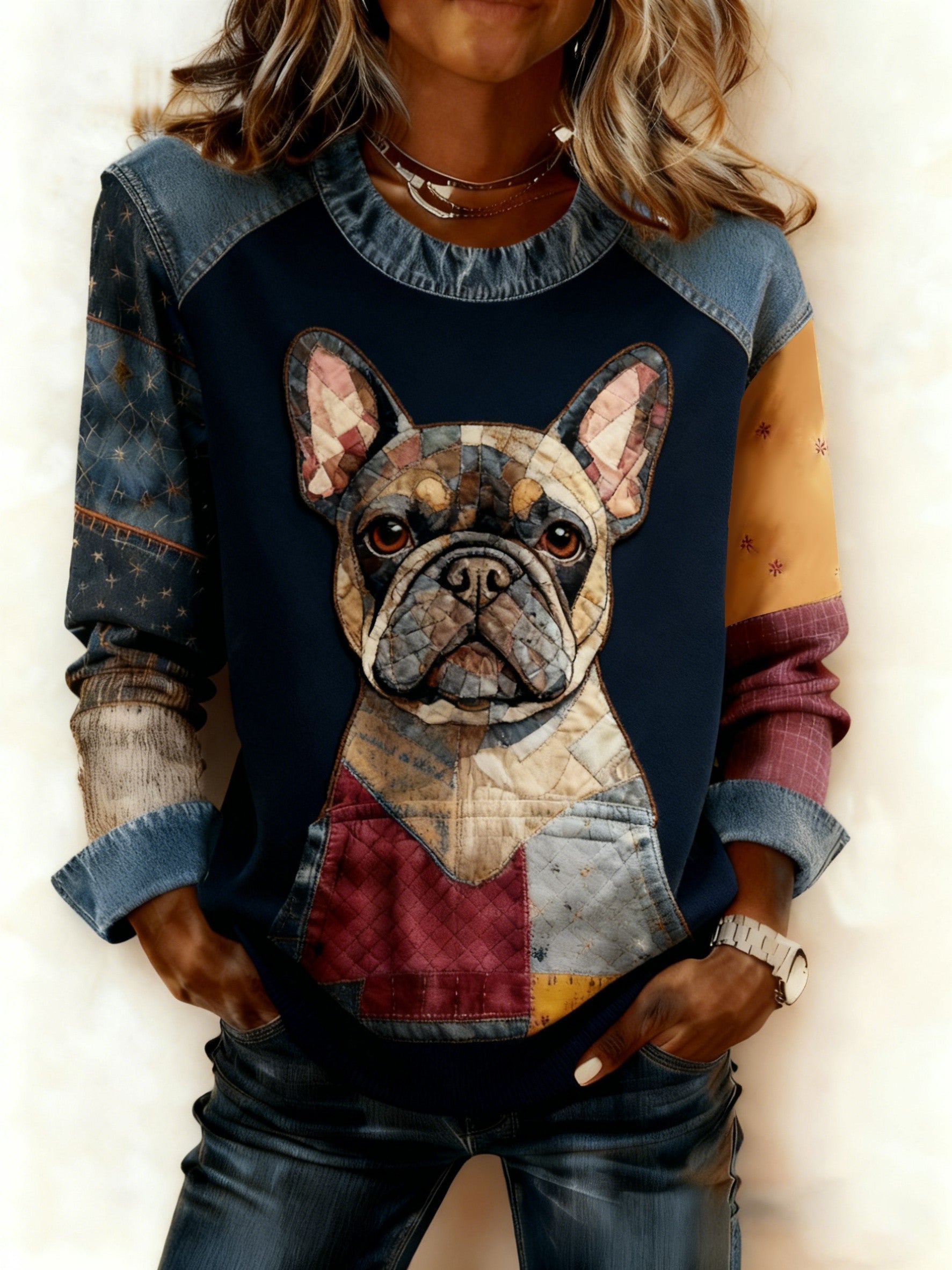 Women's Art Dog Denim Patchwork Sweatshirt gracestitchs